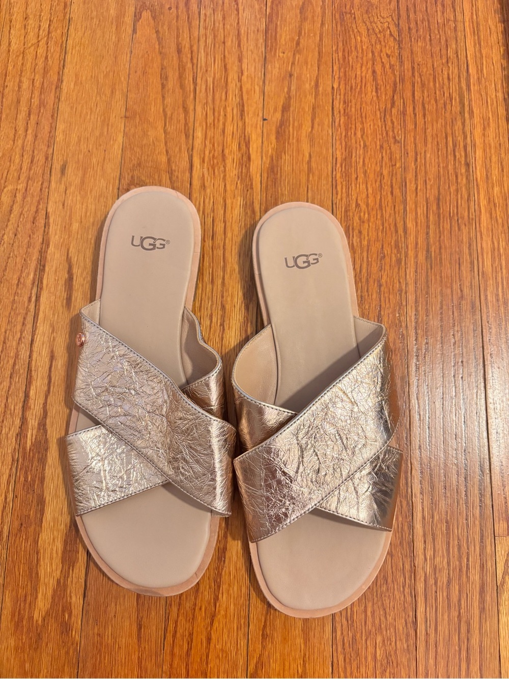 UGG Women's Metallic Rose Gold Crisscross Slide Sandals
